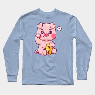 Cute Lucky Pig Holding Gold Coin Cartoon Long Sleeve T-Shirt